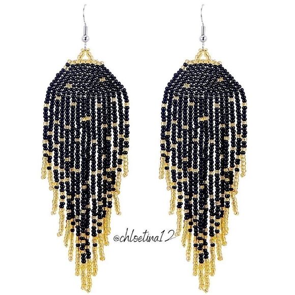 NEW Handmade Black/ Gold Long Tassel Earrings,  Statement Earrings - Picture 1 of 5